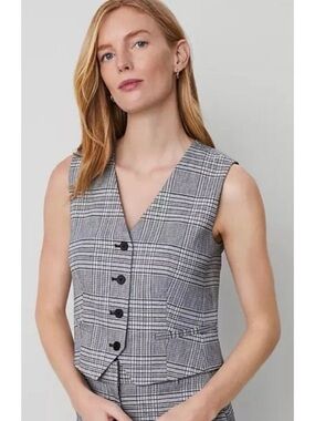 Ann Taylor Tailored Gray Plaid Career Office V-Neck Waistcoat Vest
